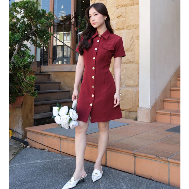 CLAUDINE POCKET MINI DRESS PREMIUM KOREA WITH GOLD BUTTON - DRESS FORMAL SEXY WANITA - MINI DRESS KO