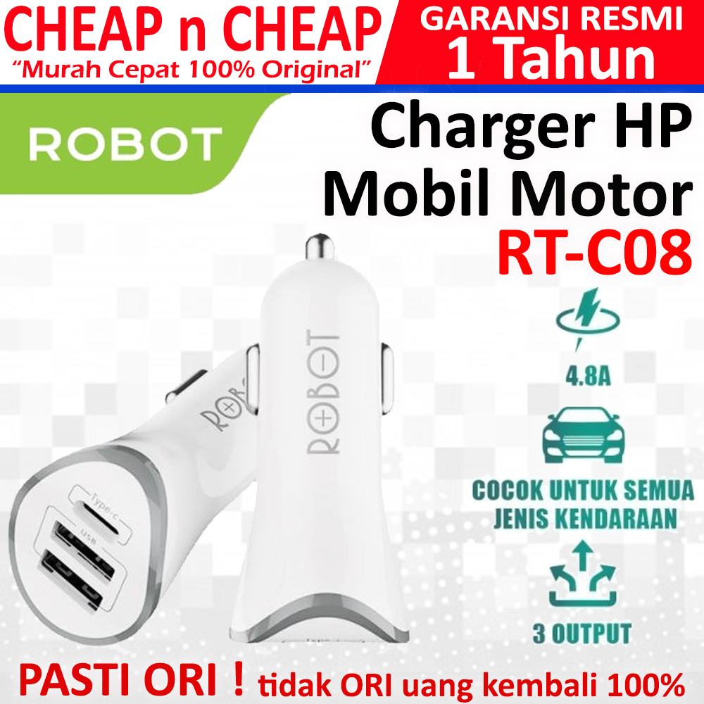 Robot Car Charger Triple Port RT-C08 4,8A 2 USB 1 USB C - Charger Cas Casan HP Mobil Motor