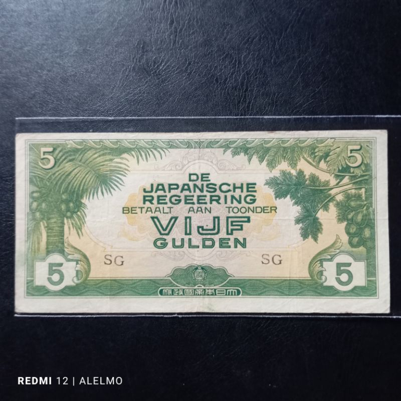 uang kertas kuno 5 gulden regeering tahun 1942 bekas asli