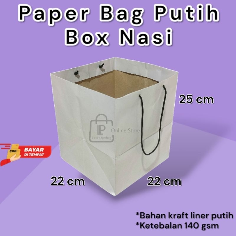 

Grosir/satuan Paper Bag Putih Box Nasi Ukuran 22*22*25 cm