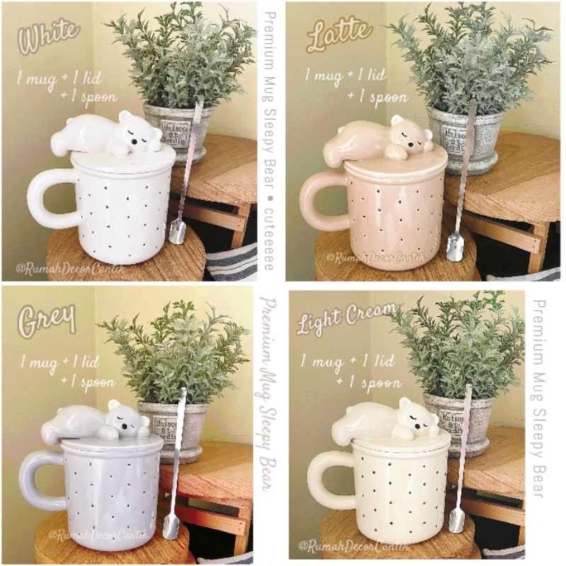 Cangkir Gelas Mug Bear + Tutup + Sendok Lucu Estetik Keramik Tebal Premium Quality
