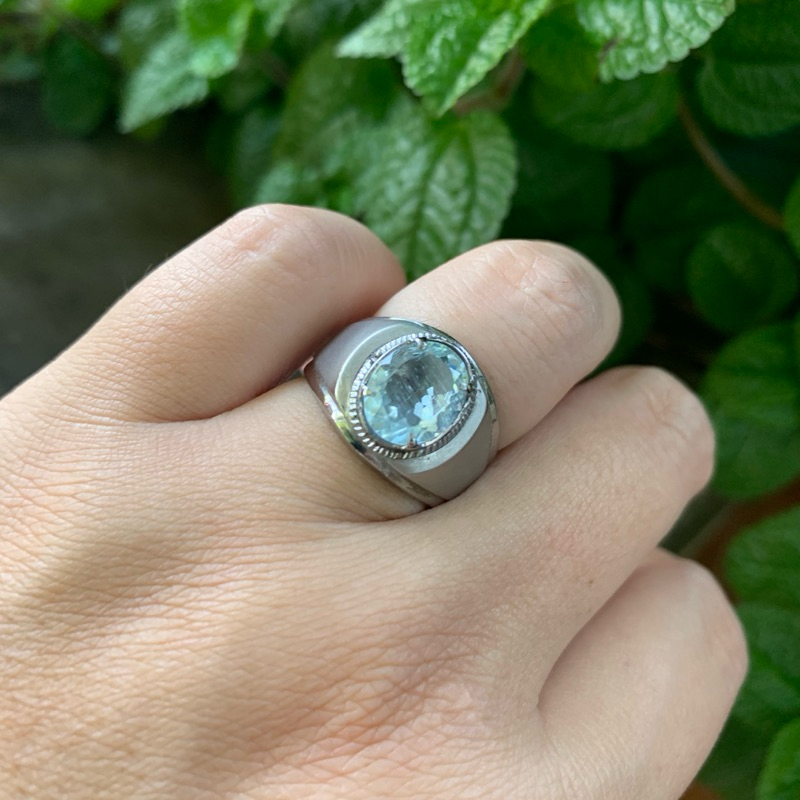 Cincin Batu Natural Aquamarine Beryl Ring Monel Doff Handmade Perak