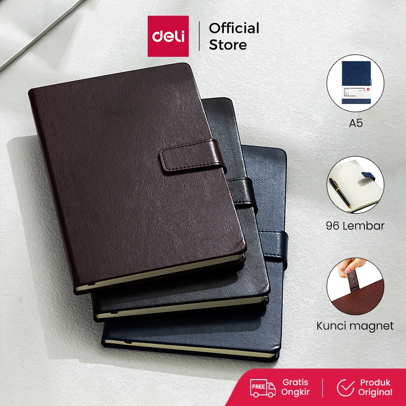 

Deli Leather Cover Notebook / Buku Catatan / Agenda Sampul Kulit A5 96 Lembar Hard Cover Pengunci Magnet EN138L