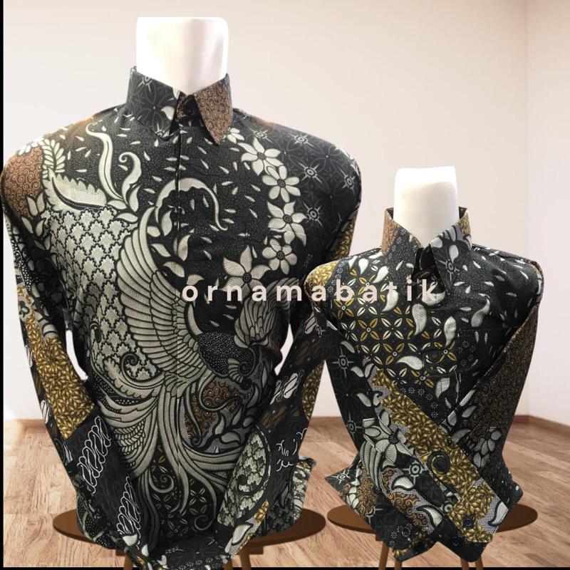 Kemeja Batik Couple Ayah Anak Bahan Katun Hijau Army Lengan Panjang