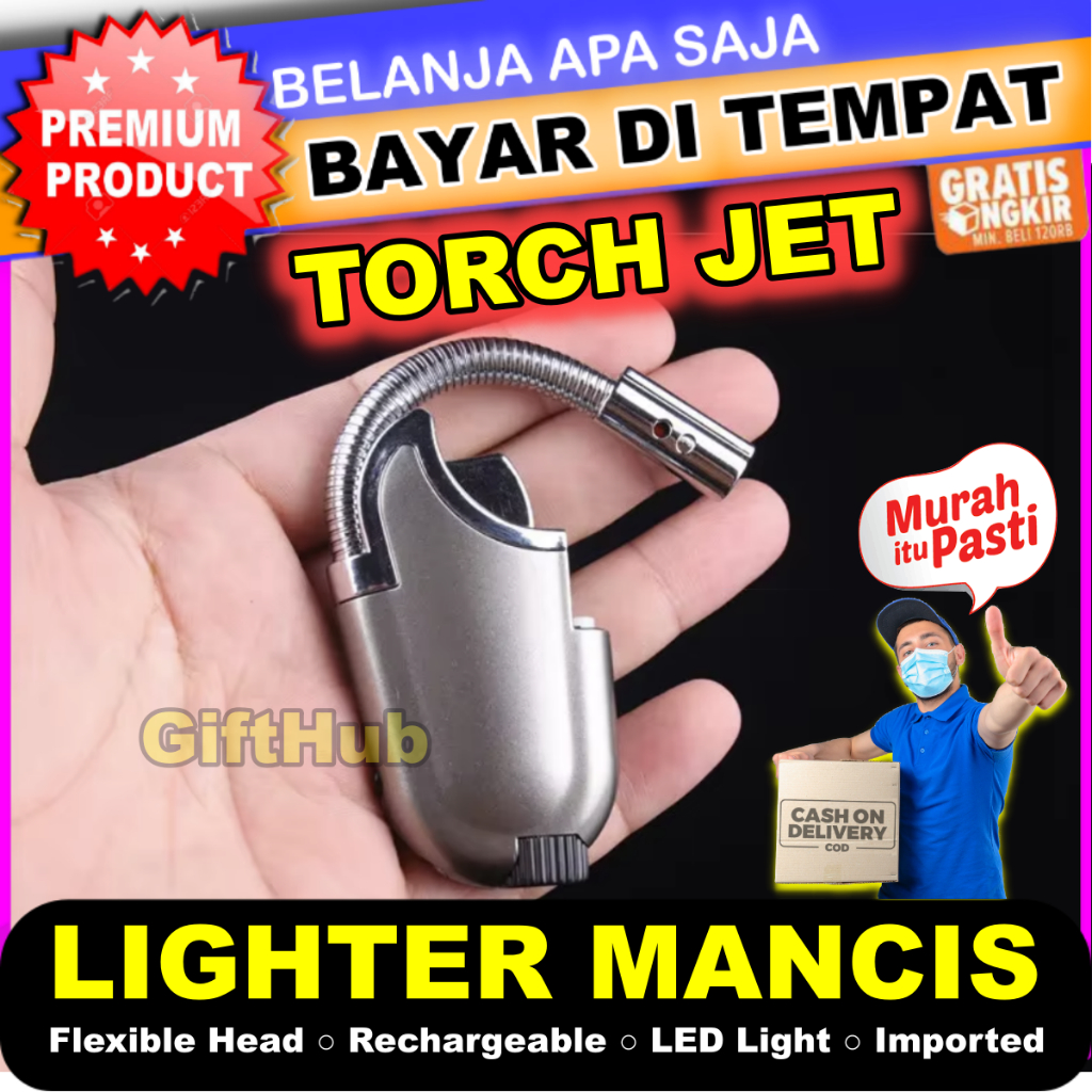Mancis Korek Api Torch Jet Mini Flexible Head Rechargeable Gas Butane Lighter Blow Torch Wind Proof 