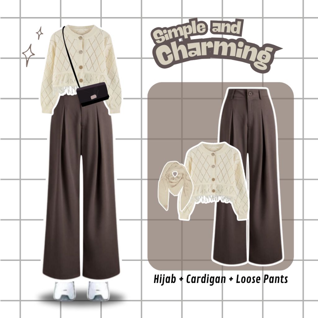 Outfit Cewek Bumi 3in1 ( Hijab - Cardigan - Loose Pants ) Ootd Cewek Simpel Korean Style - BE110