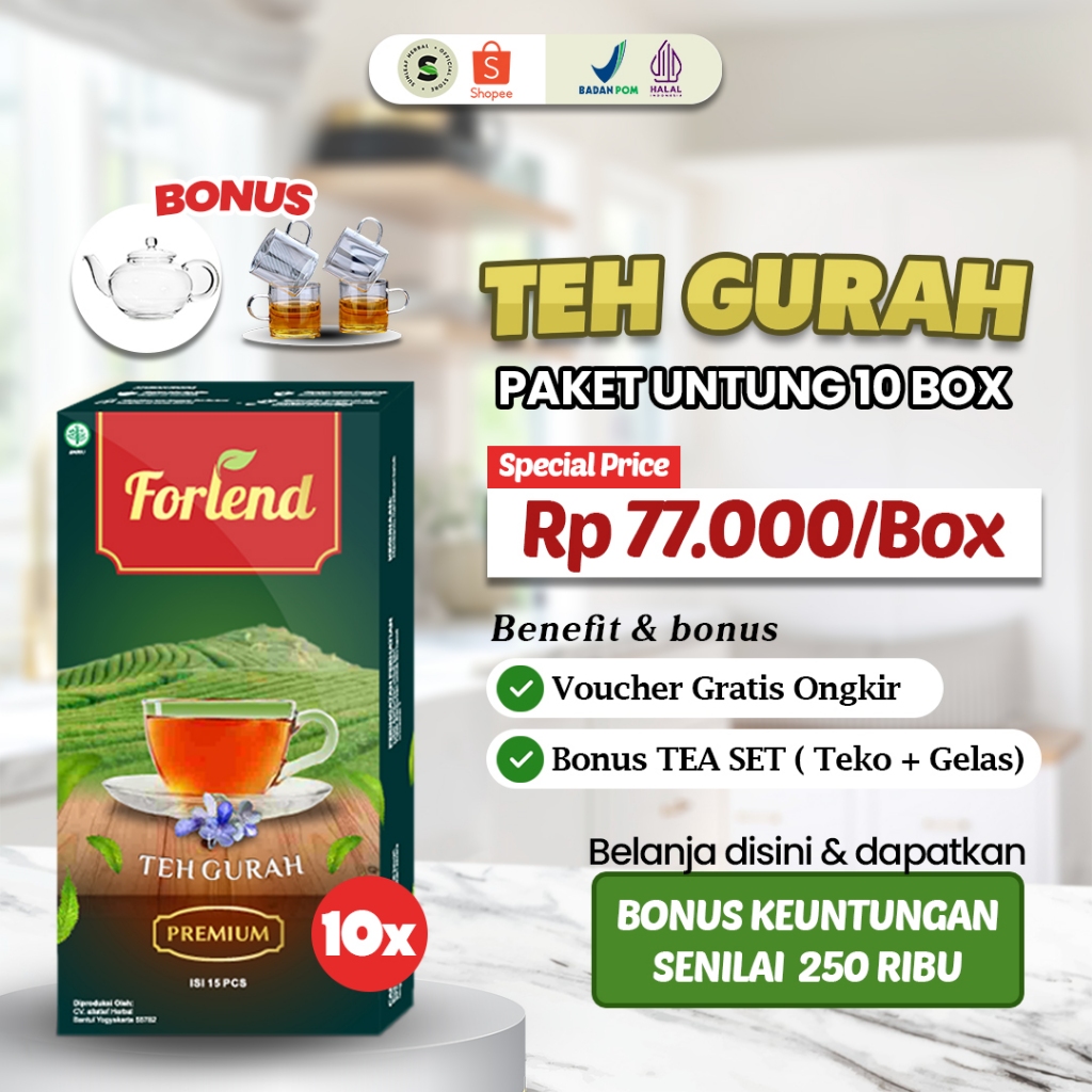 

TEH GURAH PAKET 10 BOX BONUS TEA SET Obat ANTI LENDIR, NAFAS PLONG, BATUK BERDAHAK, SINUSITIS BPOM