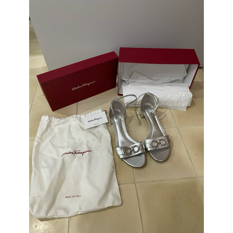 Authentic Salvatore Ferragamo Como Silver Block Heels