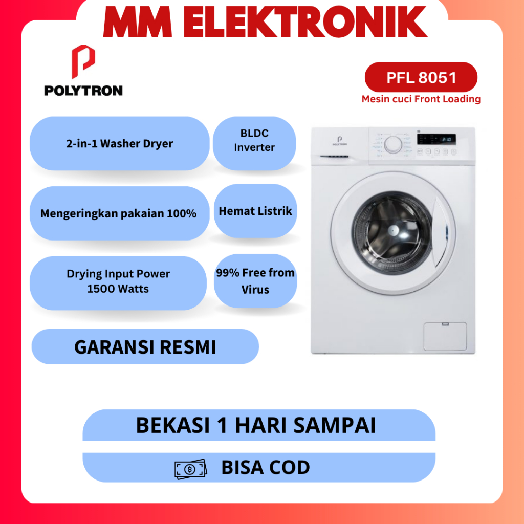 MESIN CUCI POLYTRON PFL8051, PFL 8051 FRONT LOADING WONDERWASH 8 KG