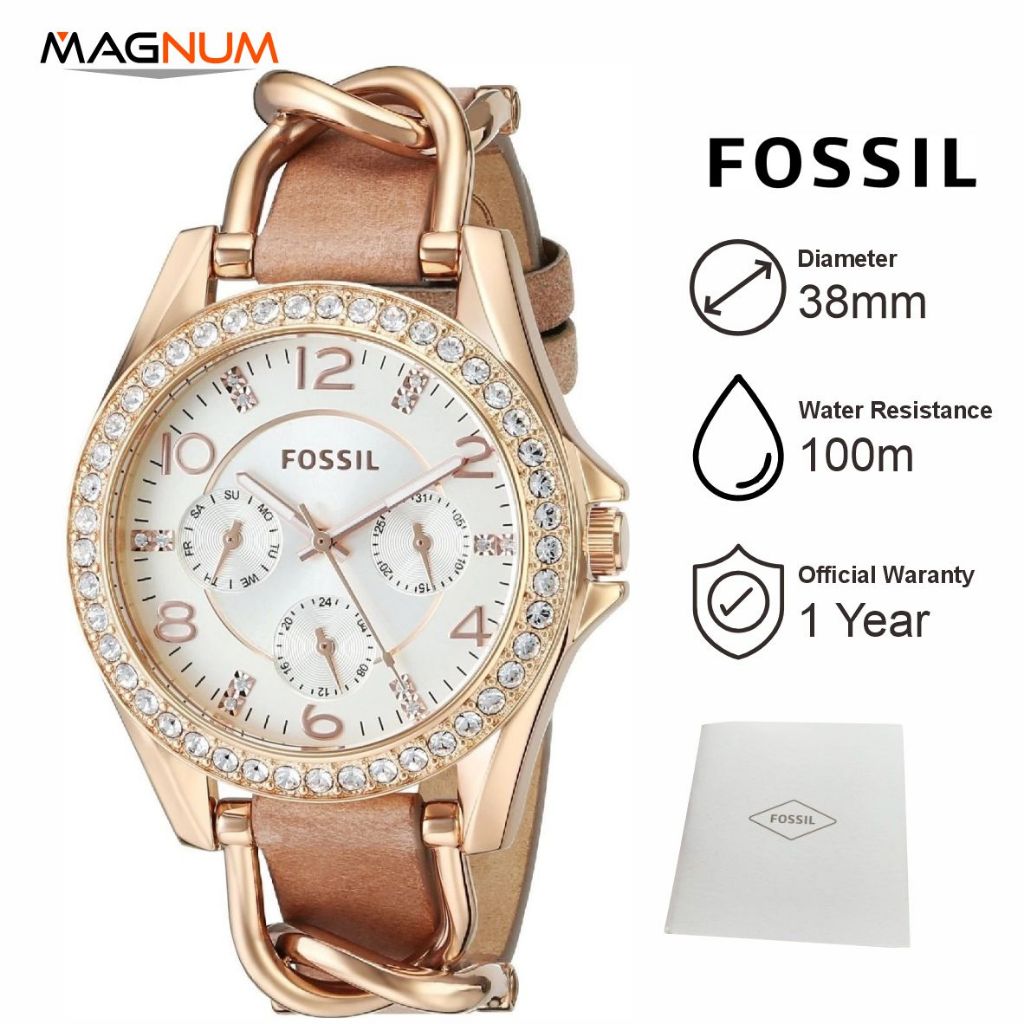 Jam Tangan Wanita Fos sil Riley ES3466 Chronograph Multifunction Sand Dial Bone Leather Strap