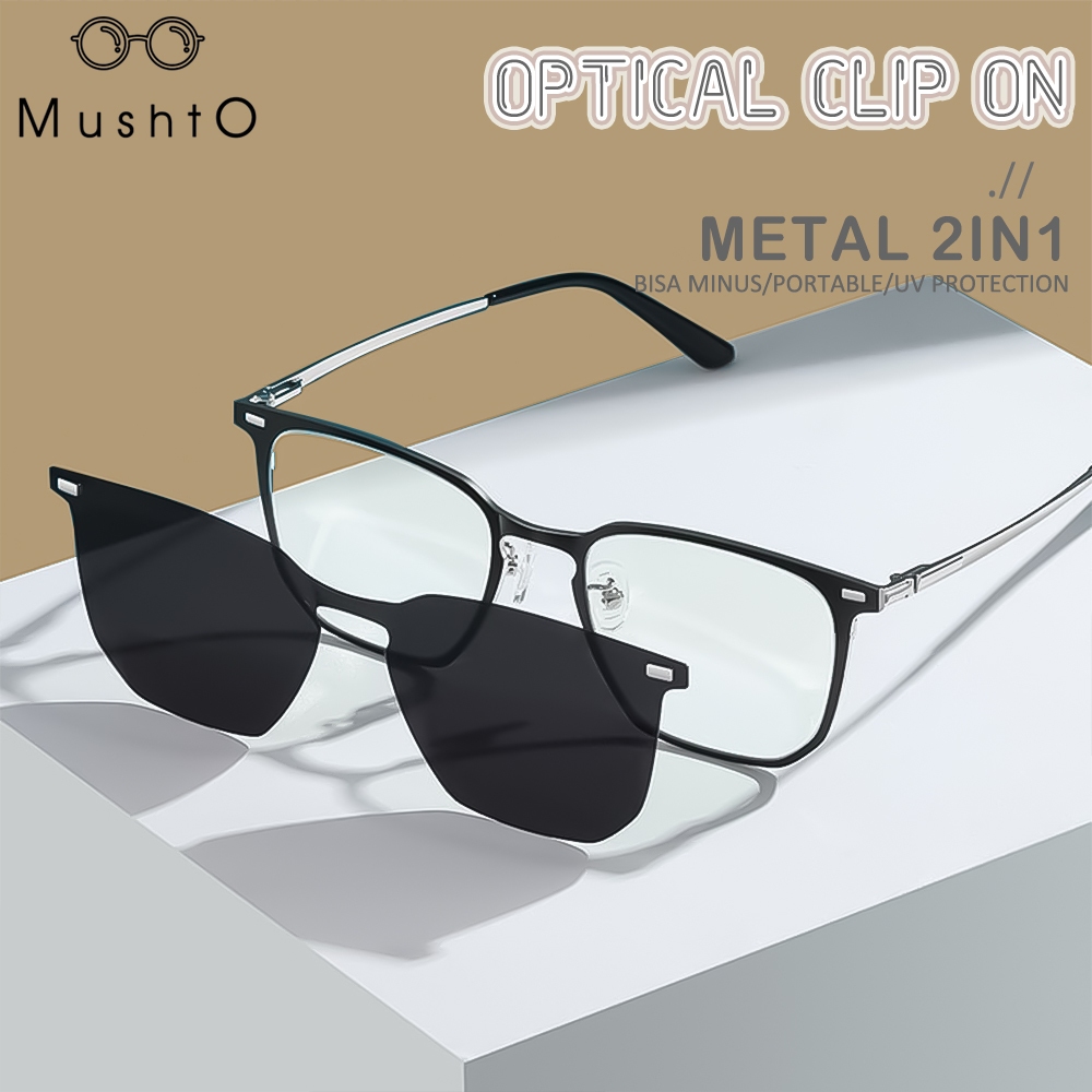 Mushto Kacamata 2in1 Design Kotak Clip On Free Lensa Polarized Fashionable Pria Wanita Stylish Frame