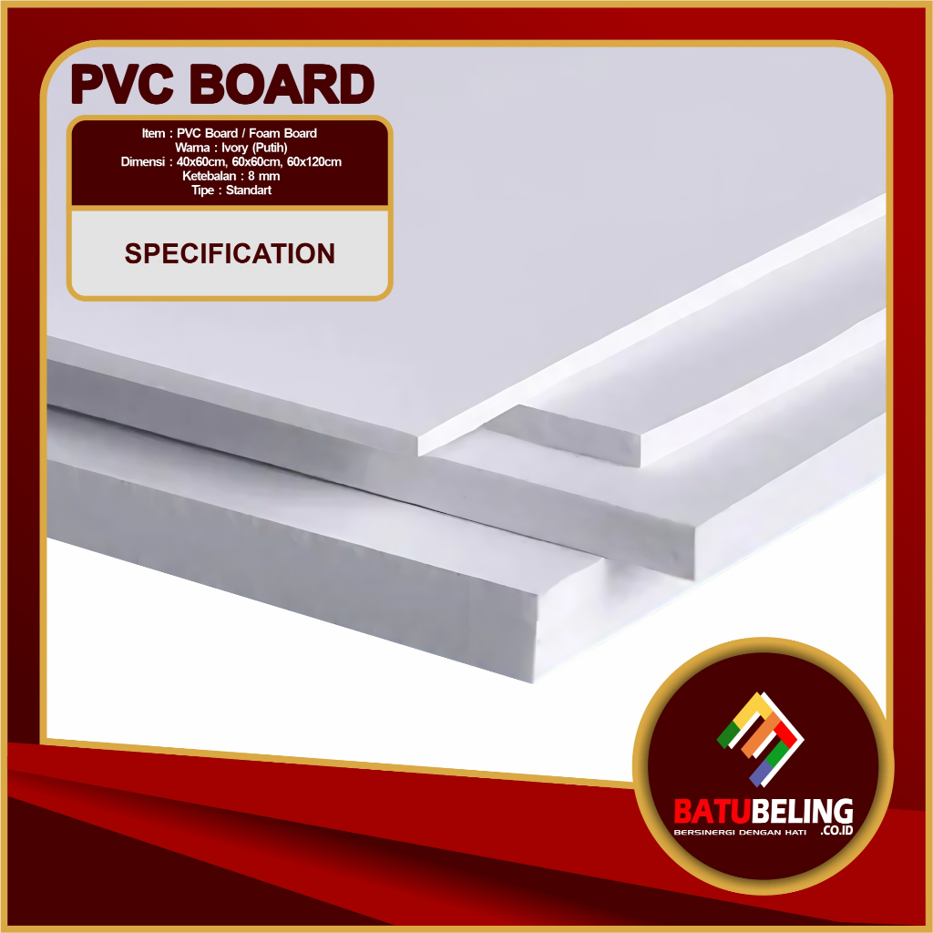 PVC Board Putih 8mm Ukuran 40 x 60 cm, 60 x 60 cm, 60 x 120 cm Lembaran Triplek Kedap Air Standart T
