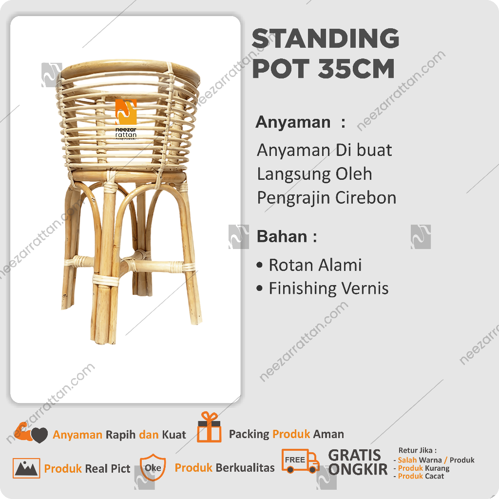 Tempat Standing pot bunga rotan 35cm, Vas bunga minimalis tempat pot rotan alami