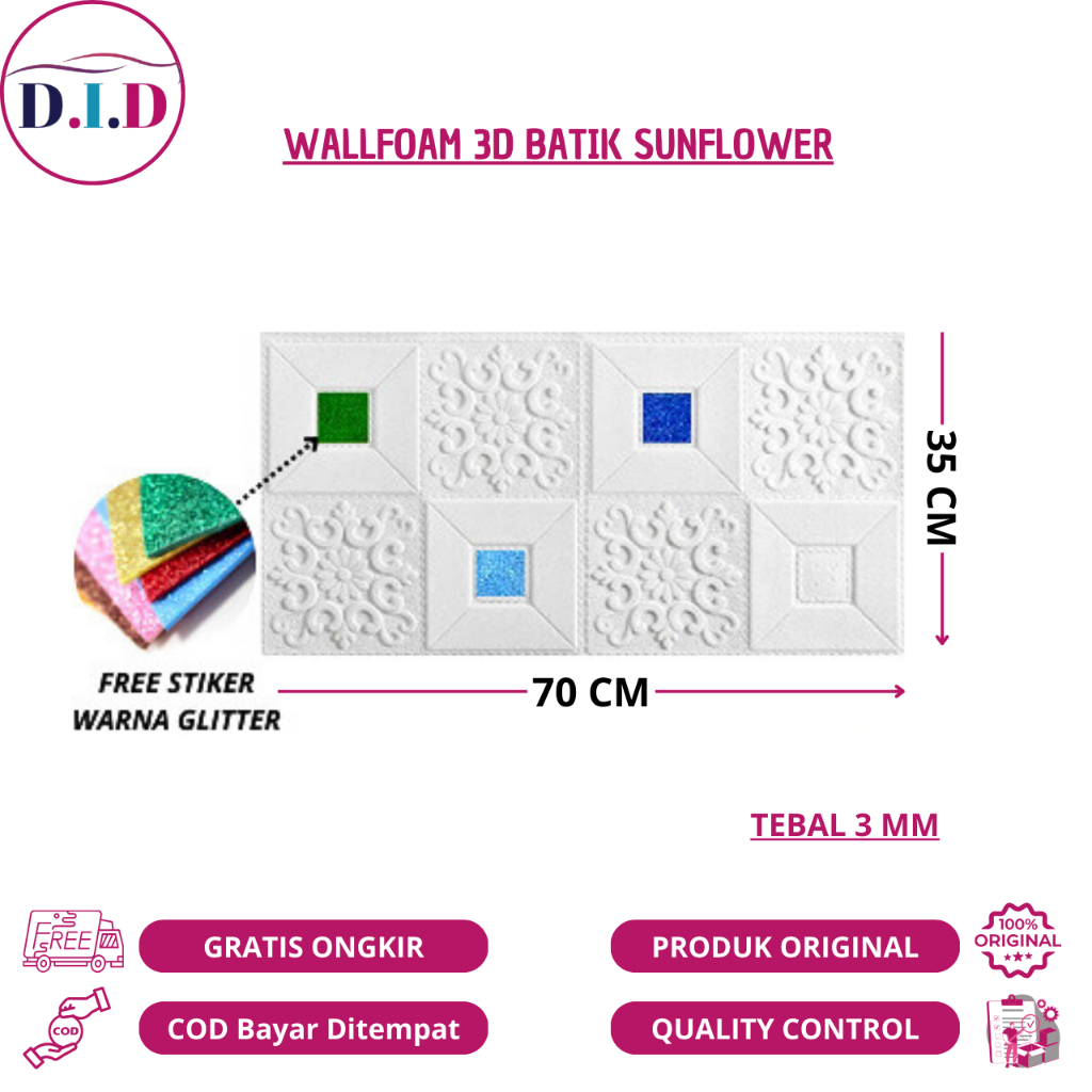 DID - Wallpaper 3D Foam Batik 70 X 35 cm Tebal 3mm Batik Sunflower Free Stiker Warna Glitter