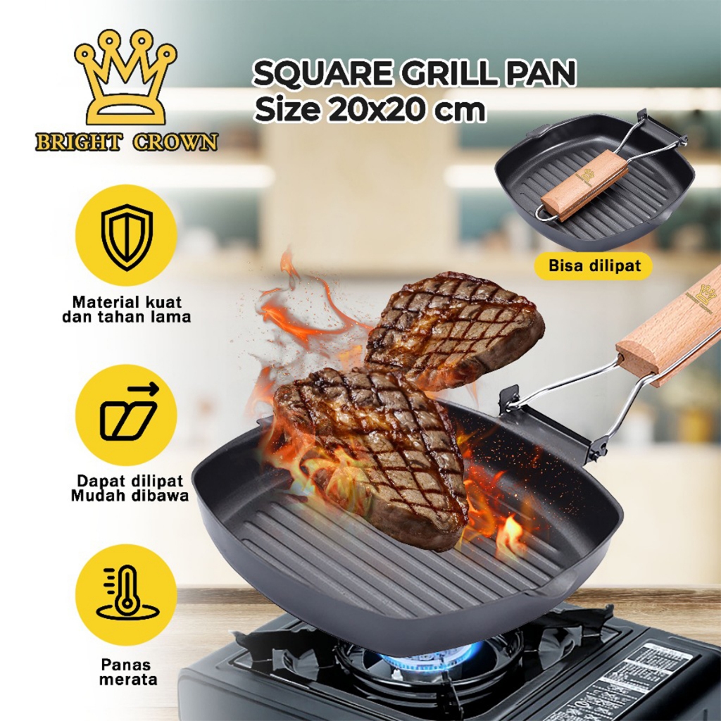 Bright Crown 20cm Panci PANGGANG BBQ Square Grill Pan BBQ Panggangan Steak Anti Lengket PREMIUM 20cm