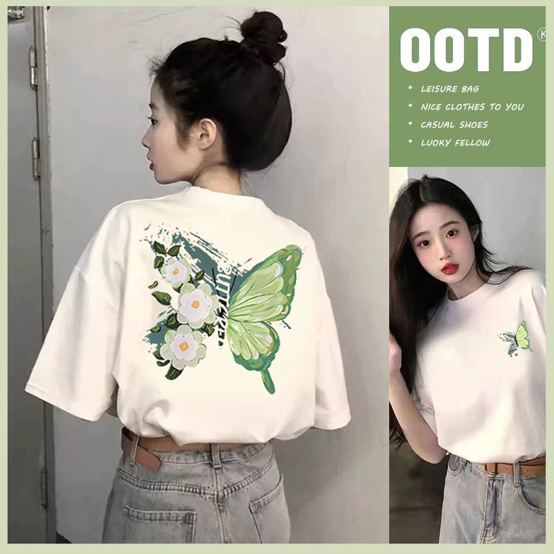 BASIQUE/Baju kaos oversize wanita ootd korea style/Baju atasan hitam wanita terbaru/Motif Kupu-kupu 