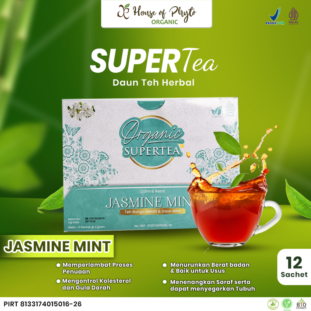 

Supertea Jasmine Mint WAKABA Terh Bunga Melati Baik untuk usus dan perlambat penuaan 12 Sachet -2g