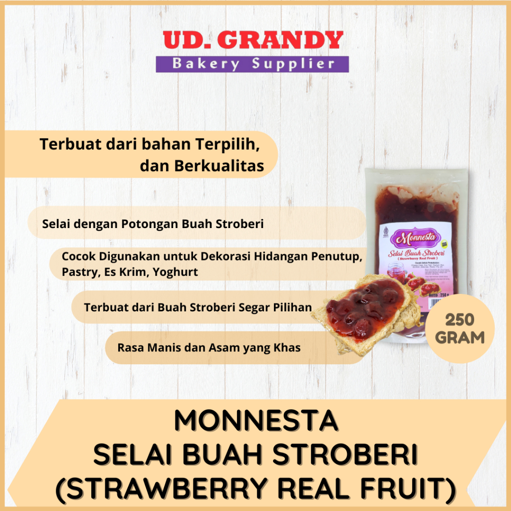 

Monnesta Real Fruit Filling (Selai Buah Utuh) 250g, Selai Buah Stroberi, Selai Buah Bluberi