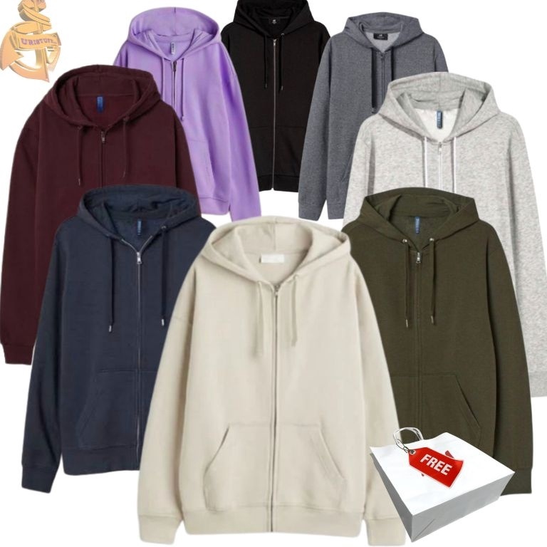 Tren Kekinian Hoodie Zipper Polos Basic HM Hitam Army Maroon Grey Navy Brown Hnm Jaket Pria Wanita F