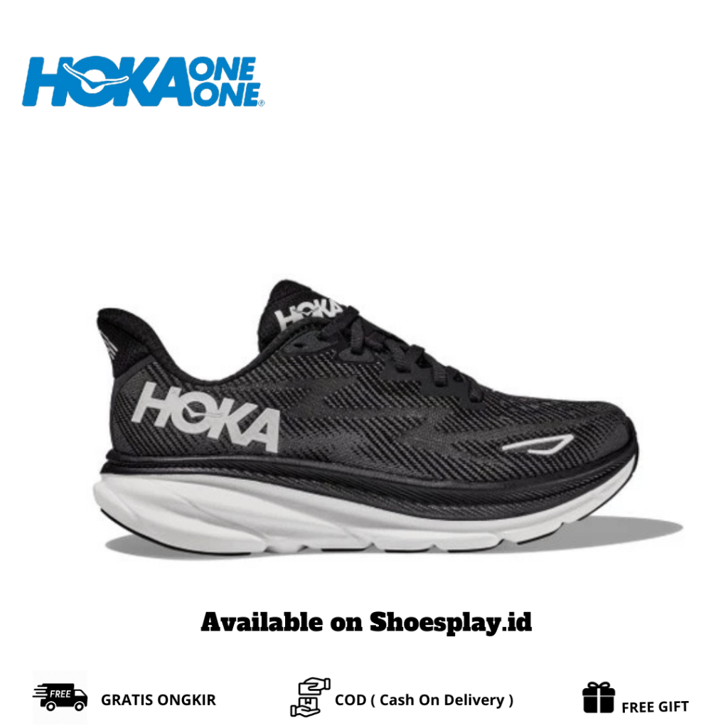 HOKA CLIFTON 9  MENS ROAD RUNNING SHOES - BLACK / WHITE