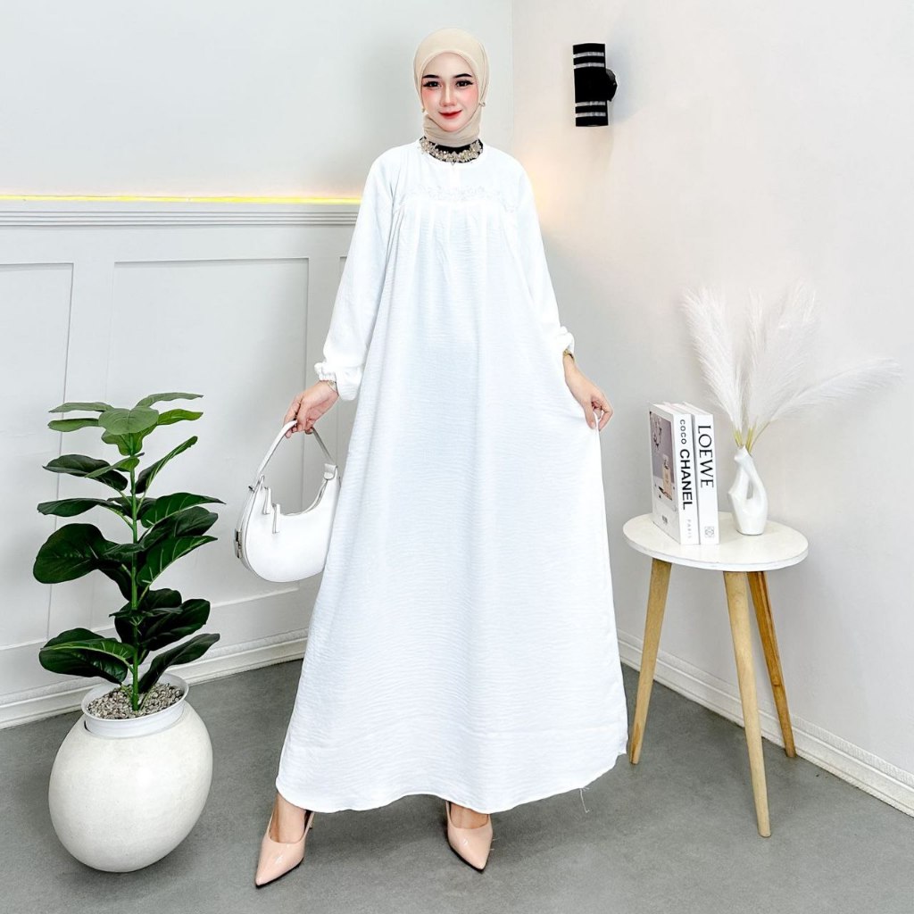 gamis swaroski bunga payet mewah hitam putih best seller abaya lebaran elegan baju muslim perempuan 