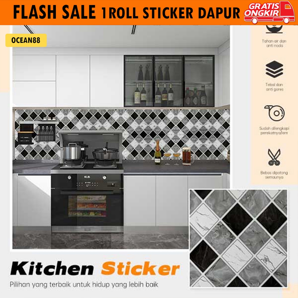 Stiker Dinding Dapur Sooku Motif Keramik Mozaik Anti Minyak UK 60cm x 3 Meter PVC