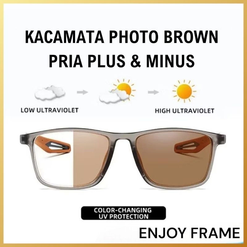 TERBARU Kacamata Photobrown Pria Plus dan Minus Frame Lentur TR90 Model Sport