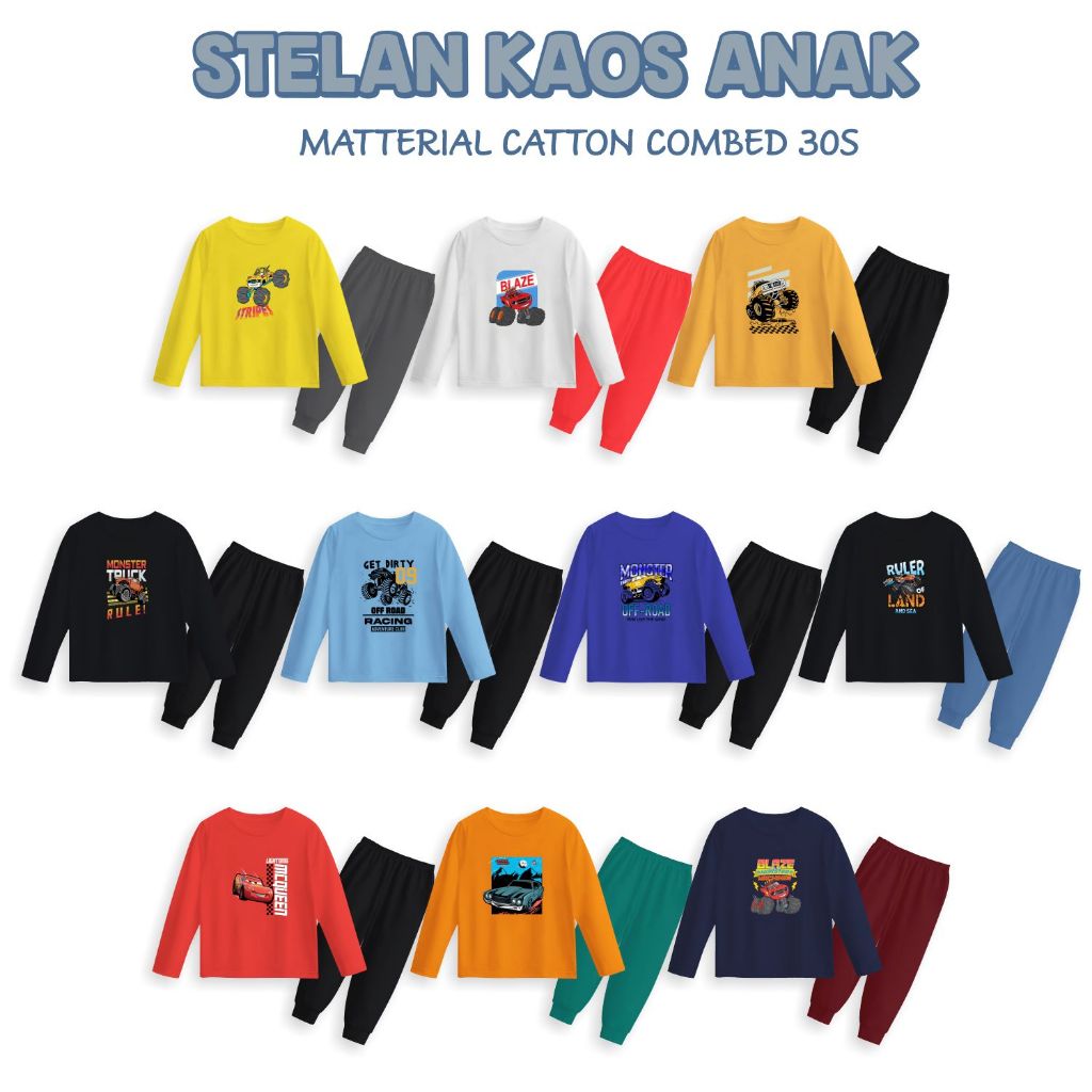 Setelan Panjang Anak Gambar Mobil Offroad / Piyama Baju Tidur Anak
