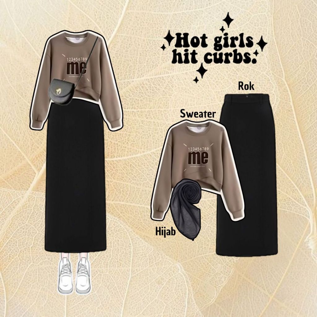 Outfit Hijab Casual ( Sweater + Rok + Hijab ) OOTD Korean Style Kekinian E31