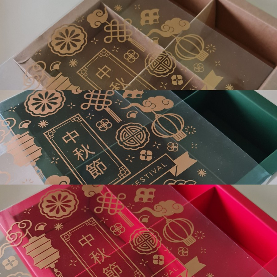 ( 5 Pcs) Dus Packaging Box Kue Bulan Dus Mika Transparant  Mooncake Sekat 4 Motif Mid Autumn Warna M