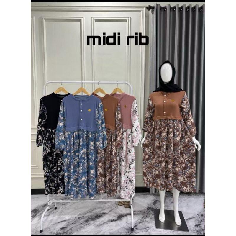 Midi Dress Bahan Crinkle Motif Mix Knit Bunga