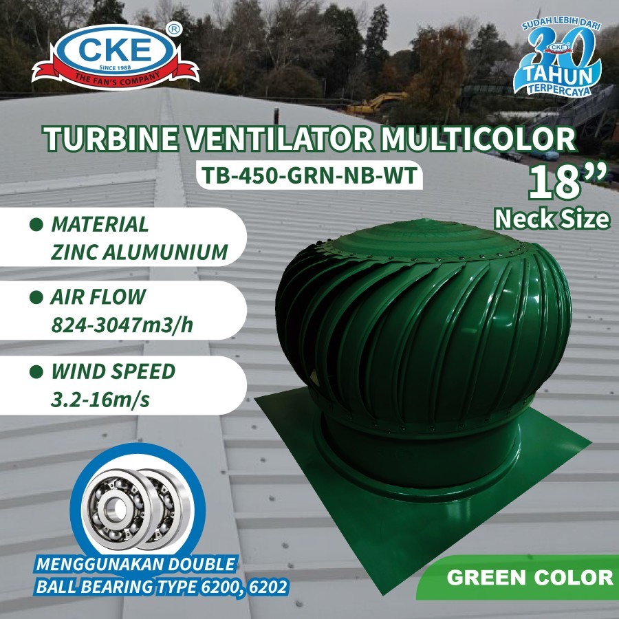 Turbin Ventilator Multicolor 18 Inch Green Color TB-450-GRN-NB-WT Ventilasi Atap Rumah Gedung Pabrik