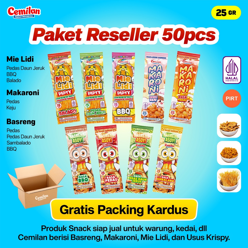 

Paket Usaha 50pcs Reseller Snack Cemilan Murah Indonesia - Makaroni Basreng Mie Lidi - Food Halal Renyah Gurih Asin Goreng Pedas