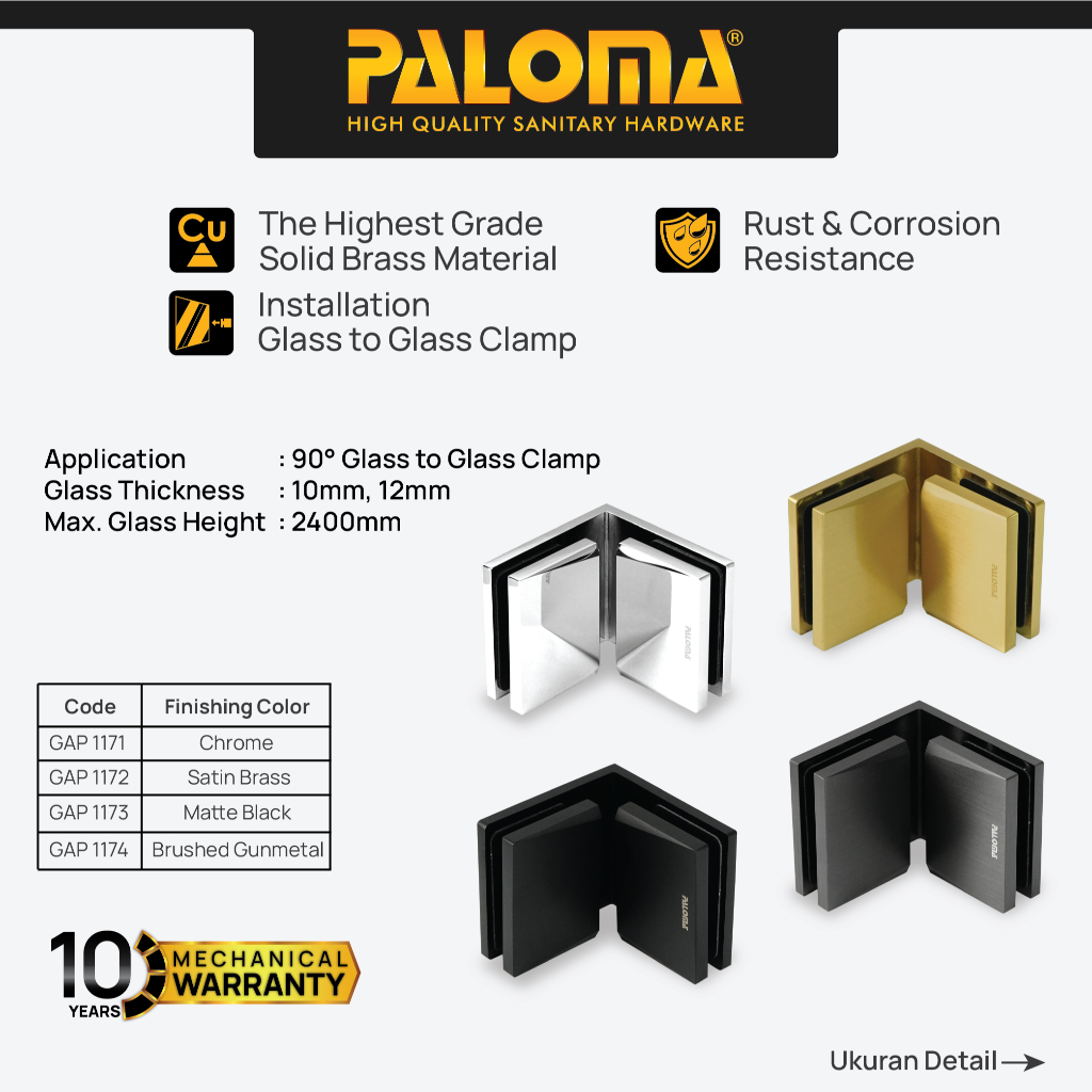 PALOMA Glass Clip Kaca Klip Klem Jepit Penjepit Partisi Kaca ke Kaca Glass to Glass GC GG 90 Derajat
