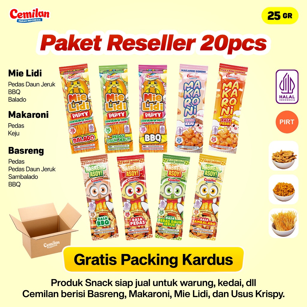 

Paket Usaha 20pcs Reseller Snack Cemilan Murah Indonesia - Makaroni Basreng Mie Lidi - Food Halal Renyah Gurih Asin Goreng Pedas