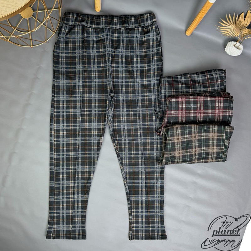 CELANA JUMBO WANITA MOTIF KOTAK KOTAK BAGGY TARTAN PANTS PINGGANG KARET BAHAN MELAR CELANA UKURAN BE