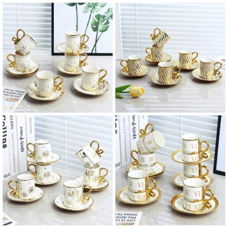 Cangkir Kopi Cangkir Teh Tea Set Cangkir Keramik Motif Dandelions Putih Gold Cangkir Emas Set Cangki