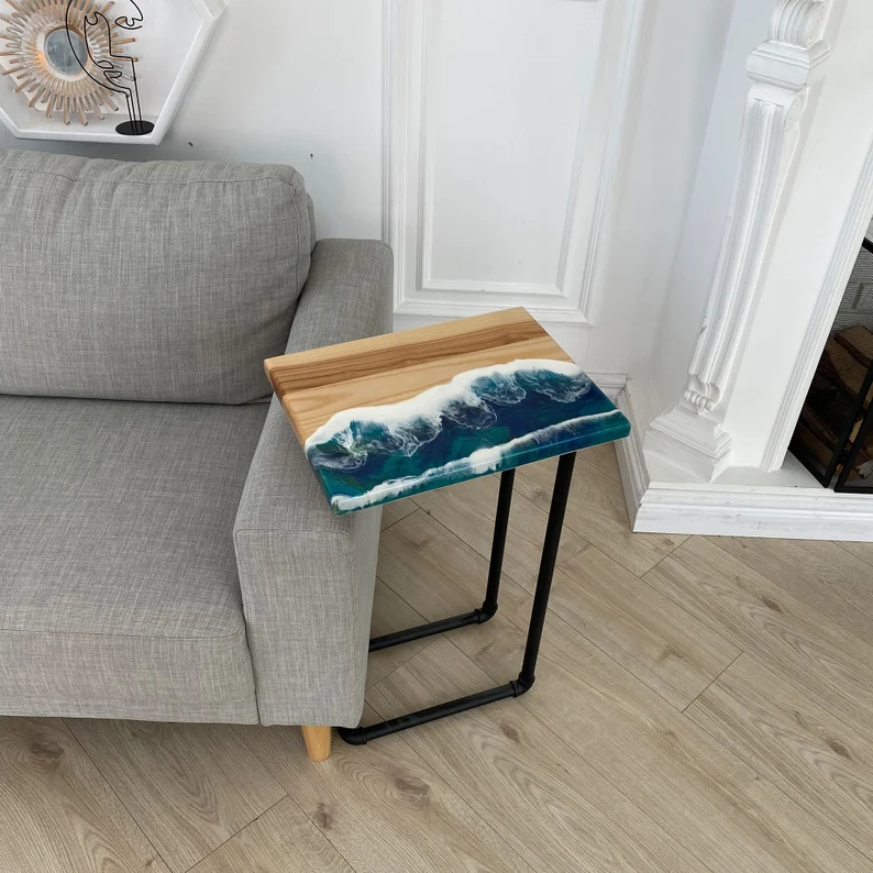 Meja Ujung Samping Bentuk C Persegi Gelombang Laut, Meja Samping Sofa Modern, Meja Kopi untuk Ruang 