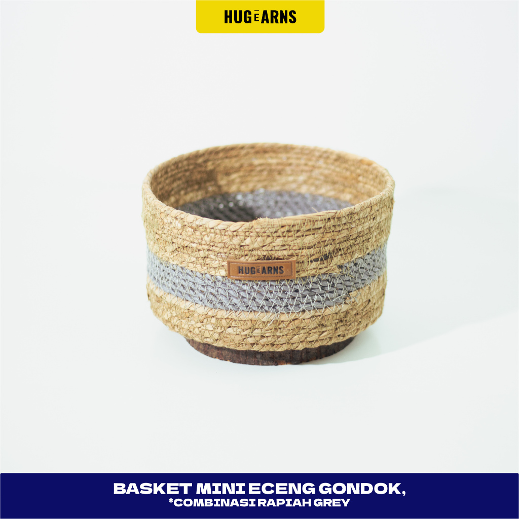 HUGeARNS - Basket Mini Eceng Gondok Combinasi Tali Rapiah Abu-Abu / Keranjang Eceng Gondok Anyaman /