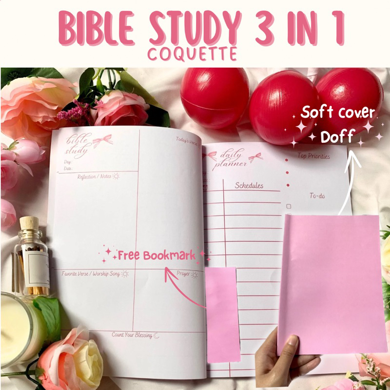 

BIBLE STUDY 3 in 1 COQUETTE Soft Cover| | Journal Planner | Daily Planner | Monthly Planner | Bible Study Notes | Journal