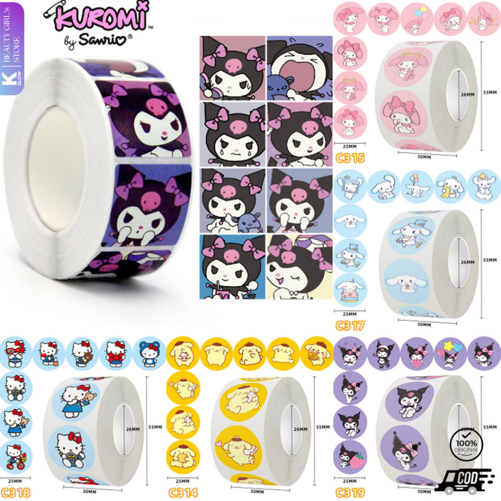 

[ KGLOW ] Stiker Roll Sanrio Sticker Bulat Roll 500 Pcs Kuromi Melody Hello Kitty Cinnamonroll ST001