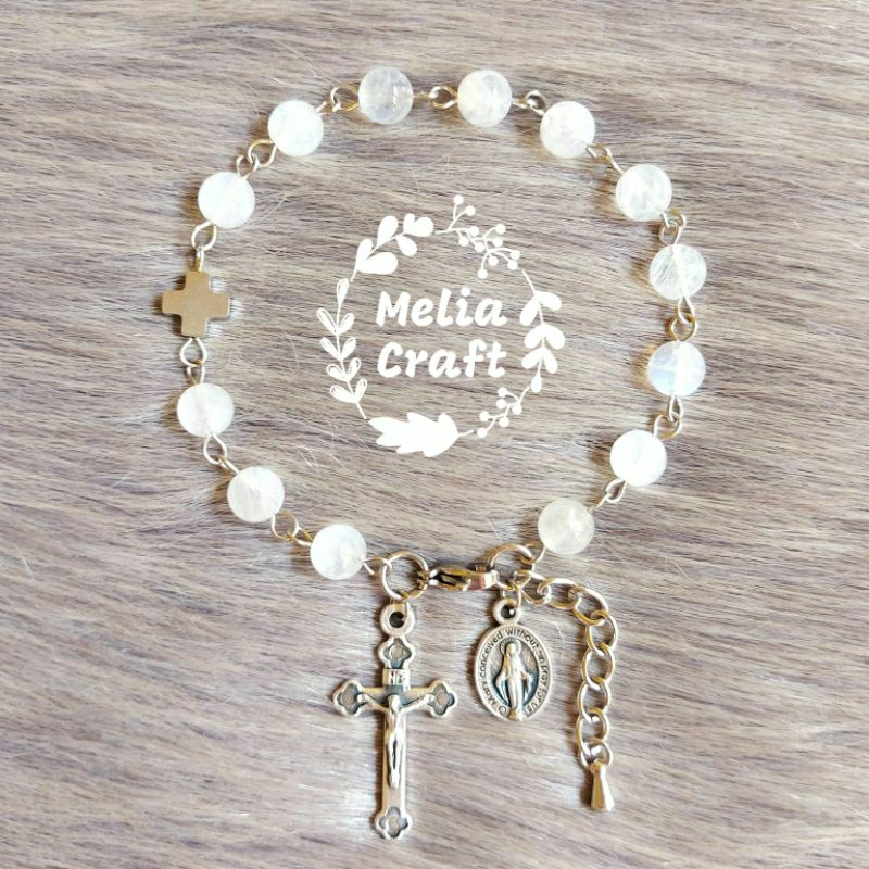 Gelang Rosario Batu Moonstone Rantai Stainless Steel - Liontin Italy