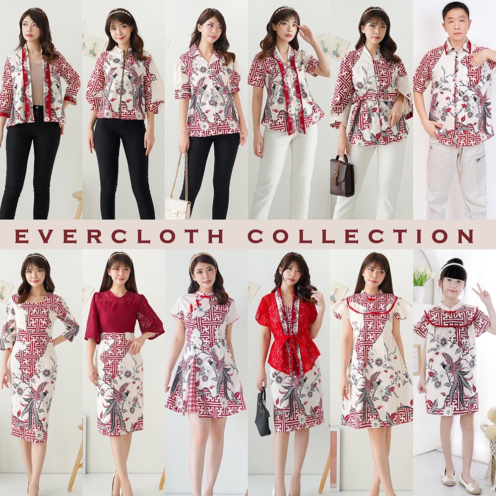 Evercloth Seragam Batik Couple Keluarga Sarimbit Family Set Kebaya Batik Modern Dress Blouse Cream I