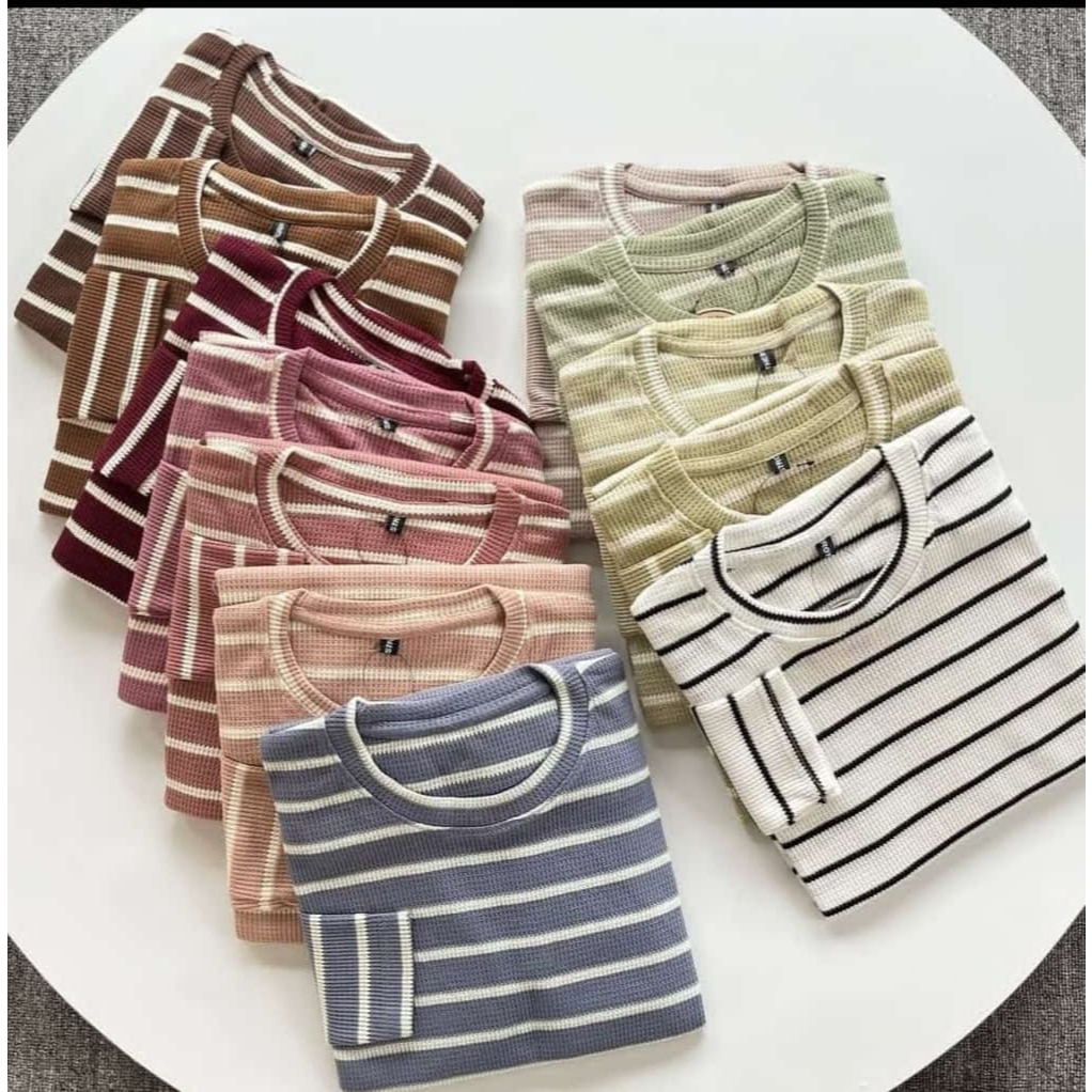 Kaos stripe wanita lengan panjang/ KAOS SALUR WAFLLE kaos garis wanita/kaos belang wanita