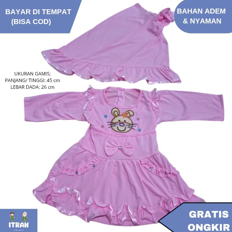 Gamis Bayi Set Jilbab Umur 1-2 Tahun Gamis Anak Perempuan Bahan Rayon Motif Kelinci