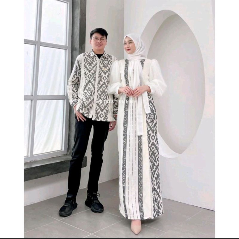 Set Couple Padma Putih Kemeja Tenun Pria Gamis Tenun Wanita Baju Batik Kondangan Muslimah