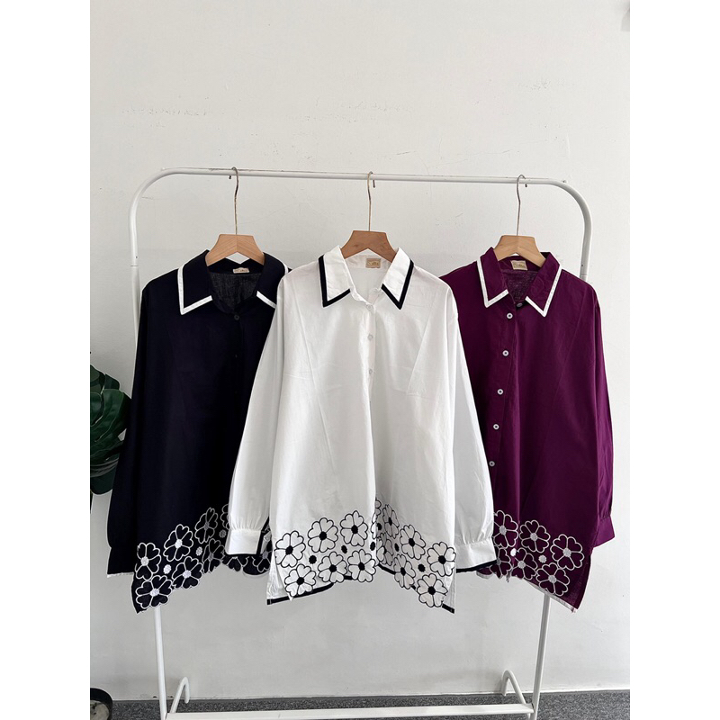 Kemeja Wanita Hanin Katun Motif Bordir Flower Bunga Oversize