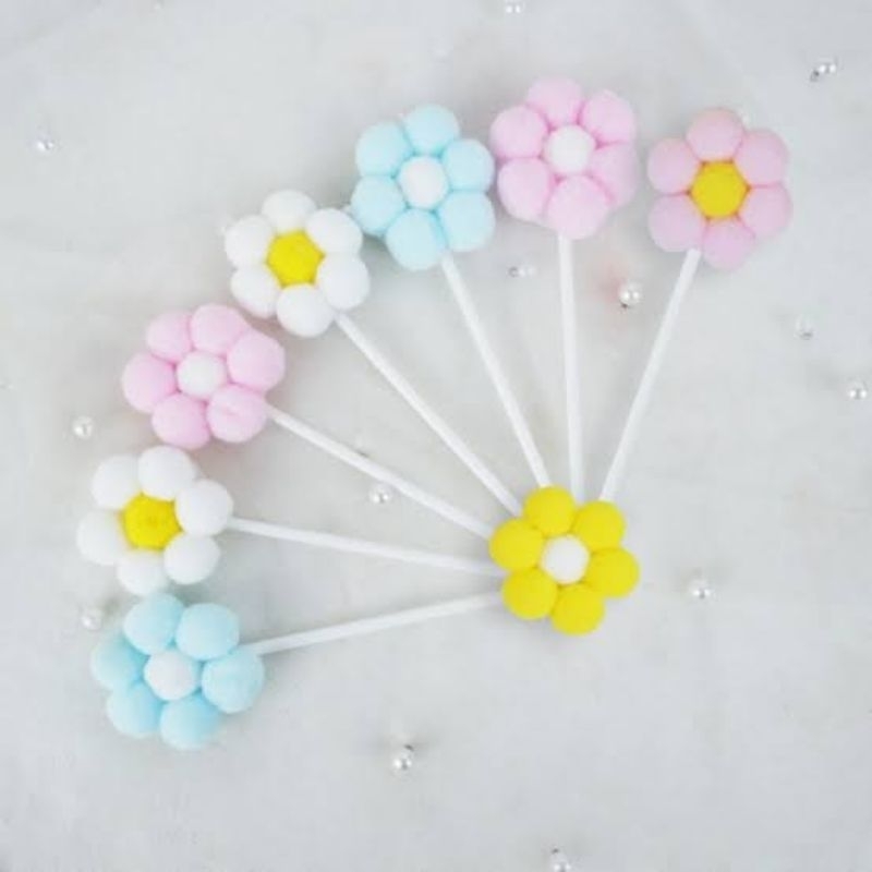 Cake topper bunga bahan pompom tusukan hiasan kue ulang tahun anak tart ultah flower daisy cupcake t