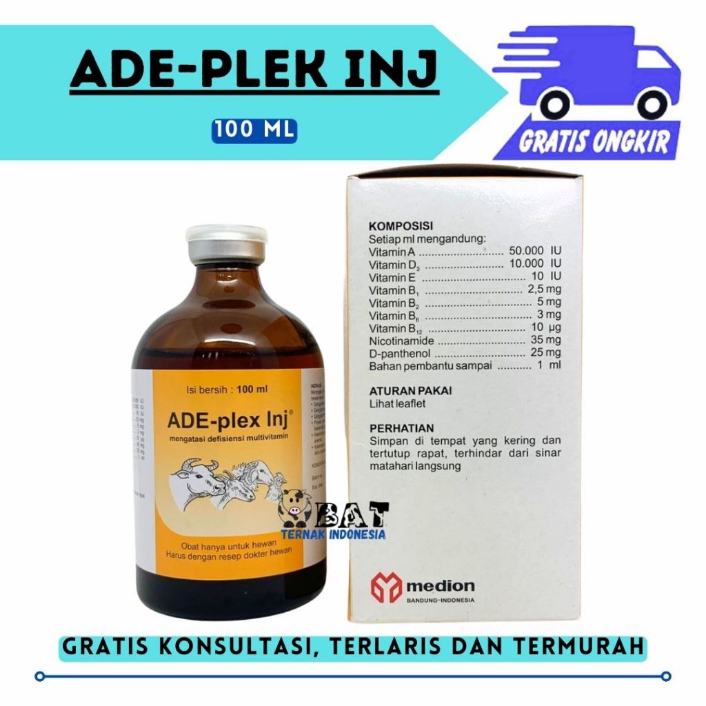 ADE PLEX INJEKSI 100 ML MEDION - Multivitamin Hewan Vitamin ADE dan B Complex Lengkap Sapi Kambing D