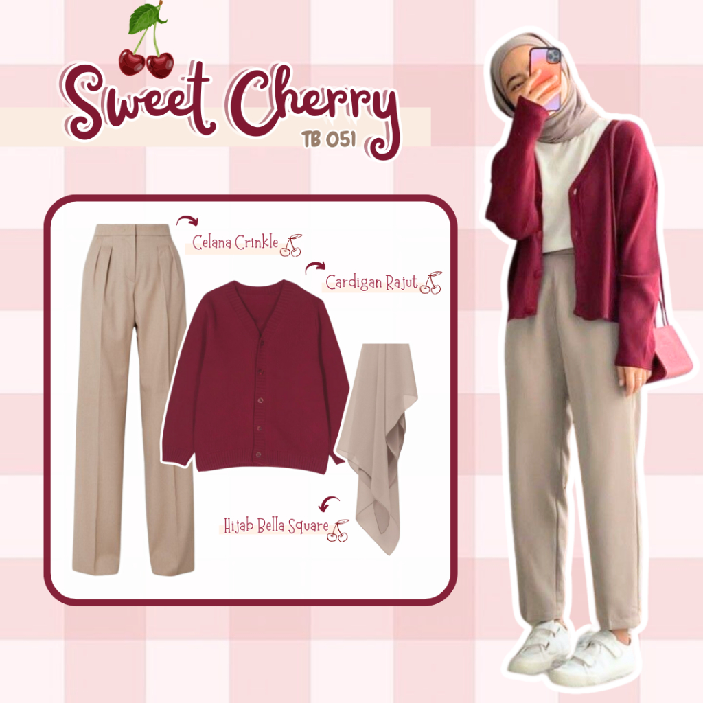 TB 051 | Setelan Baju Wanita Kekinian | Outfit Main | OOTD Casual | 3 In1 (Cardigan + Celana + Hijab